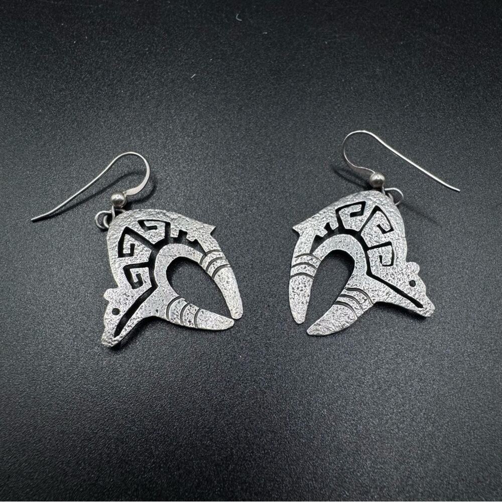 Native American Brad Panteah Sterling Silver Zuni Spirit Bear Dangle Earrings